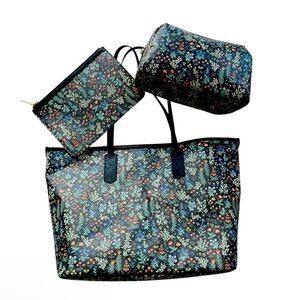 Rifle Paper Co. Black Floral Oversized Shoulder Tote + 2 Pouches Set